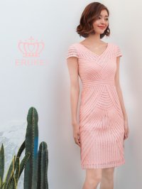 [SALE品のため返品不可][ERUKEI]ピンク・ネイビー・立体斜線・Vネック・タイト・ライン・ミニドレス・ワンピース[即日発送][大きいサイズあり]