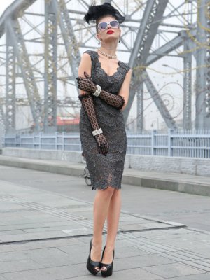 画像11: [送料無料][SETTAN]ベージュ・ブラック・レッド・金糸総レース・Vネック・ノースリーブ・タイト・ミディアムドレス・ワンピース[即日発送][大きいサイズあり]