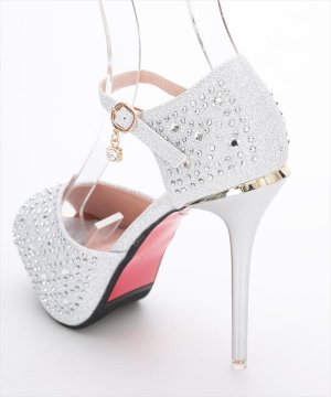 画像9: [BENEDETTA]ブラック・シルバー・オープントゥ・アンクルストラップ・ビジュー・ラメ・12.5cm・ハイヒール・パンプス[即日発送]