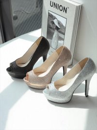 [TRATTO]ブラック・ゴールド・シルバー・ラメ・厚底・オープントゥ・ハイヒール・パンプス[即日発送]