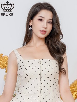 画像4: [送料無料][ERUKEI]アイボリー×ブラック・アンゴラレッド・レッド×ホワイト・ドット・ワンカラー・ノースリーブ・フロントジップ・バックスピンドル・Aライン・フレア・ミニドレス・ワンピース[即日発送][大きいサイズあり]