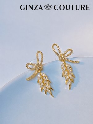 画像1: [ジュエリー][ピアス]ゴールド・シルバー・ストーン・リボン・スタッドピアス[即日発送]