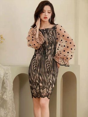 画像3: [送料無料][SETTAN]ブラック×ベージュ・ドット・レース・シースルー・ロングスリーブ・タイト・ミディアムドレス・ワンピース[即日発送][大きいサイズあり]