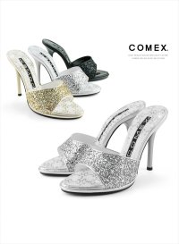 [送料無料][COMEX]シルバー・ブラック・ハイヒール・11cm・グリッターラメ・ミュール・サンダル[大きいサイズあり]