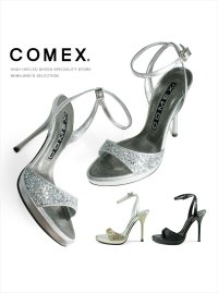 [comex]シルバー・ゴールド・ブラック・ピンヒール・アンクルストラップ・12cm・ハイヒール・ラメ・サンダル