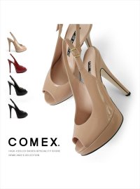 [送料無料][comex]ピンクベージュ・ブラック・ブラックエナメル・ヒール14cm・オープントゥ・ハイヒール・バックベルト・厚底・サンダル・プラットフォーム・パンプス[大きいサイズあり]