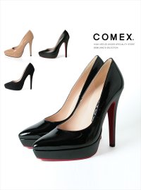 [送料無料][COMEX]ブラック・ブラックスエード・ピンクベージュエナメル・ブラックエナメル・ポインテッドトゥ・ピンヒール・ヒール13cm・本革・厚底・プラットフォーム・パンプス[大きいサイズあり]