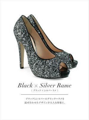 画像3: [送料無料][COMEX]マルチ・ブラック・ブラック×シルバー・ラメ・オープントゥ・13cmヒール・ハイヒール・グリッター・パンプス[大きいサイズあり]