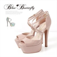 [送料無料][COMEX][Blue Buterfly]ブルーバタフライ・ピンクベージュ・シルバー・エナメル・2026新作・14cmヒール・厚底・セパレート・ストラップ・パンプス[大きいサイズあり]