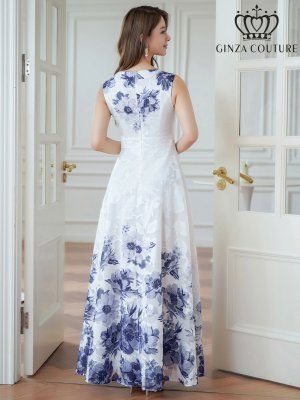 画像9: [送料無料][GINZA COUTURE]ホワイト×ブラウン・ホワイト×パープル・ホワイト×グリーン・ホワイト×ブラック・ホワイト×レッド・ホワイト×ブルー・フラワープリント・Aライン・ロングドレス[即日発送][大きいサイズあり]