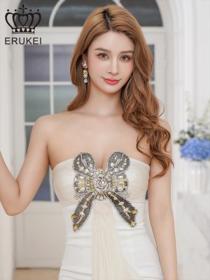 画像10: [送料無料][ERUKEI]オレンジ・ホワイト・ベア・シフォン・ドレープ・リボン・ビーズ・タイト・ミニドレス・ワンピース[即日発送]