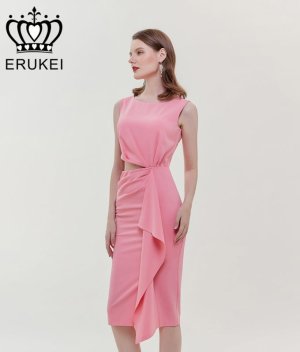 画像3: [送料無料][ERUKEI]グリーン・イエロー・ピンク・シンプル・タイト・ウエストカット・ミディアムドレス・ワンピース[即日発送][大きいサイズあり]