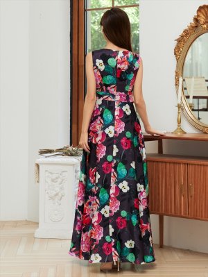 画像3: [送料無料][GINZACOUTURE]ブラック・ホワイト・サテン・花柄・プリント・ノースリーブ・Aライン・ハイウエスト・ロングドレス[即日発送][大きいサイズあり]