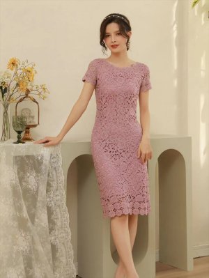 画像4: [送料無料][ERUKEI]ピンク・シルバー・ブラック・金糸総レース・ラメレース・半袖・タイト・ミディアムドレス・ワンピース[即日発送][大きいサイズあり]