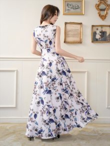 他の写真2: [送料無料][GINZA COUTURE]グリーン・ピンク・花柄・プリント・ノースリーブ・Aライン・ハイウエスト・ロングドレス [即日発送][大きいサイズあり]