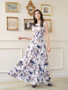 他の写真3: [送料無料][GINZA COUTURE]ピンク・グリーン・花柄・プリント・ノースリーブ・Aライン・ハイウエスト・ロングドレス [即日発送][大きいサイズあり]