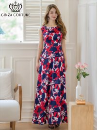 [送料無料][GINZA COUTURE]レッド×ネイビー・ペイントプリント・トリコロール・ノースリーブ・Aライン・ロングドレス[即日発送][大きいサイズあり]