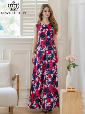 画像1: [送料無料][GINZA COUTURE]レッド×ネイビー・ペイントプリント・トリコロール・ノースリーブ・Aライン・ロングドレス[即日発送][大きいサイズあり]