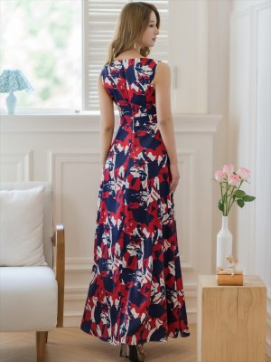 画像3: [送料無料][GINZA COUTURE]レッド×ネイビー・サテン・ペイント柄・プリント・ノースリーブ・Aライン・ロングドレス[即日発送][大きいサイズあり]