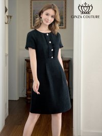 [送料無料][GINZA COUTURE]ブラック・パープル・グリーン・ホワイト・パールボタン・半袖・ツイード・ミニドレス・ワンピース[即日発送][大きいサイズあり]