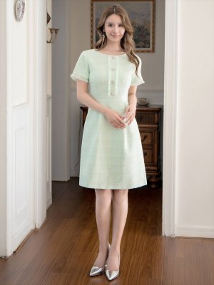 画像16: [送料無料][GINZA COUTURE]ブラック・パープル・グリーン・ホワイト・パールボタン・半袖・ツイード・ミニドレス・ワンピース[即日発送][大きいサイズあり]