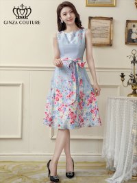 [送料無料][GINZA COUTURE]ライトブルー・花柄・プリント・リボン・Aライン・フレア・膝丈・ミニドレス・ワンピース[即日発送][大きいサイズあり]