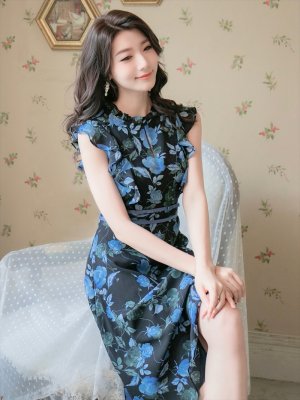 画像2: [送料無料][GINZA COUTURE]ブルー・イエロー・レッド・花柄・フリルリーブ・ハイウエスト・Aライン・ミディアムドレス・ワンピース[即日発送][大きいサイズあり]