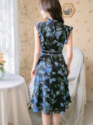 画像3: [送料無料][GINZA COUTURE]ブルー・イエロー・レッド・花柄・フリルリーブ・ハイウエスト・Aライン・ミディアムドレス・ワンピース[即日発送][大きいサイズあり]