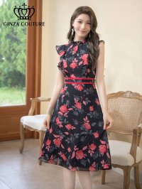 [送料無料][GINZA COUTURE]レッド・ブルー・イエロー・花柄・フリルリーブ・ハイウエスト・Aライン・ミディアムドレス・ワンピース[即日発送][大きいサイズあり]