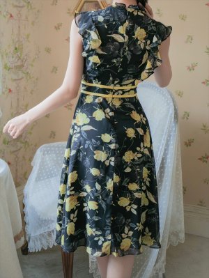 画像9: [送料無料][GINZA COUTURE]ブルー・イエロー・レッド・花柄・フリルリーブ・ハイウエスト・Aライン・ミディアムドレス・ワンピース[即日発送][大きいサイズあり]