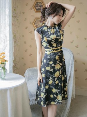 画像11: [送料無料][GINZA COUTURE]ブルー・イエロー・レッド・花柄・フリルリーブ・ハイウエスト・Aライン・ミディアムドレス・ワンピース[即日発送][大きいサイズあり]