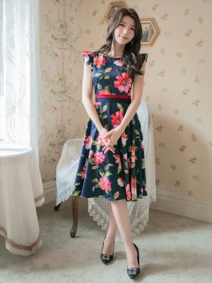 画像12: [送料無料][GINZA COUTURE]ホワイト・ネイビー・花柄・フラワープリント・フリルスリーブ・Aライン・フレアー・ミディアムドレス・ワンピース[即日発送][大きいサイズあり]