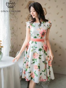 他の写真1: [送料無料][GINZA COUTURE]ホワイト・ネイビー・花柄・フラワープリント・フリルスリーブ・Aライン・フレアー・ミディアムドレス・ワンピース[即日発送][大きいサイズあり]