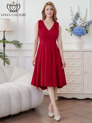 画像1: [送料無料][GINZA COUTURE]ワインレッド・ホワイト・プリント・肩リボン・Aライン・ミディアムドレス・ワンピース[即日発送][大きいサイズあり]