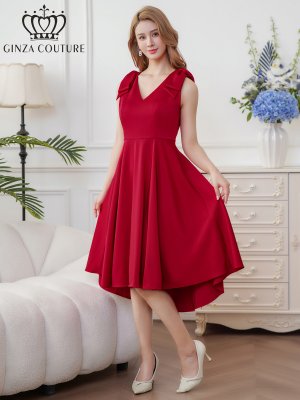 画像2: [送料無料][GINZA COUTURE]ワインレッド・ホワイト・プリント・肩リボン・Aライン・ミディアムドレス・ワンピース[即日発送][大きいサイズあり]