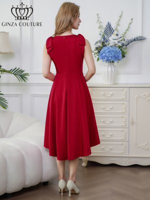 画像3: [送料無料][GINZA COUTURE]ワインレッド・ホワイト・プリント・肩リボン・フィッシュテール・Aライン・ミディアムドレス・ワンピース[即日発送][大きいサイズあり]