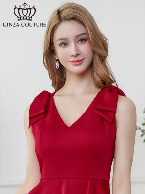 画像4: [送料無料][GINZA COUTURE]ワインレッド・ホワイト・プリント・肩リボン・フィッシュテール・Aライン・ミディアムドレス・ワンピース[即日発送][大きいサイズあり]