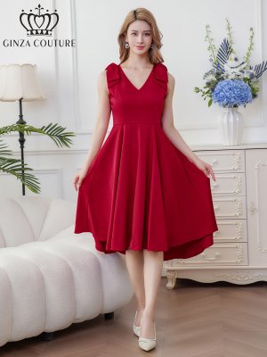 画像5: [送料無料][GINZA COUTURE]ワインレッド・ホワイト・プリント・肩リボン・フィッシュテール・Aライン・ミディアムドレス・ワンピース[即日発送][大きいサイズあり]