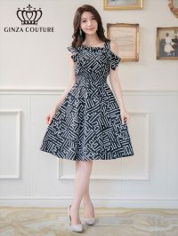 [送料無料][GINZA COUTURE]ブラック・プリント・Aライン・肩フリル・フレア・膝丈・ワンピース[即日発送][大きいサイズあり]