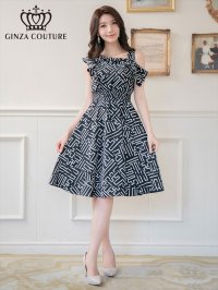 [送料無料][GINZA COUTURE]ブラック・プリント・Aライン・肩フリル・フレア・ミニドレス・ワンピース[即日発送][大きいサイズあり]