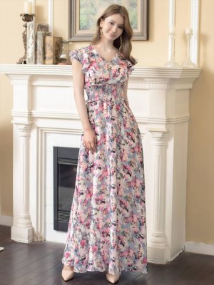 画像6: [送料無料][GINZA COUTURE]ピンク×グレー・ブラック×パープル・イエロー×ブルー・フリルポイント・Vネック・花柄・プリント・切り替え・ノースリーブ・Aライン・ハイウエスト・ロングドレス [即日発送][大きいサイズあり]