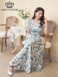 [送料無料][GINZA COUTURE]イエロー×ブルー・ピンク×グレー・ブラック×パープル・花柄・プリント・フリルスリーブ・Vネック・ノースリーブ・Aライン・ハイウエスト・ロングドレス[即日発送][大きいサイズあり]