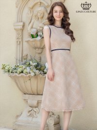 [送料無料][GINZA COUTURE]ベージュ・ネイビー・レッド・ツイード・フリンジ・パイピング・ノースリーブ・ハイウエスト・Aライン・ミディアムドレス・ワンピース[即日発送][大きいサイズあり]