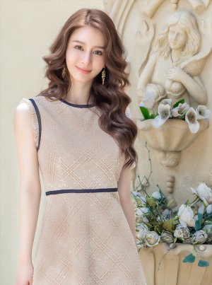 画像16: [送料無料][GINZA COUTURE]ネイビー・レッド・ベージュ・ツイード・フリンジ・パイピング・ノースリーブ・ハイウエスト・Aライン・ミディアムドレス・ワンピース[即日発送][大きいサイズあり]