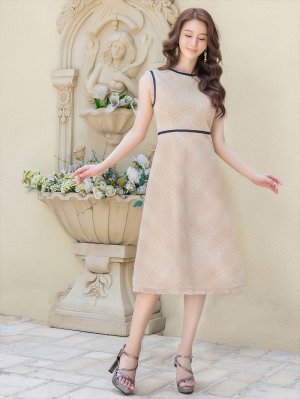 画像17: [送料無料][GINZA COUTURE]ネイビー・レッド・ベージュ・ツイード・フリンジ・パイピング・ノースリーブ・ハイウエスト・Aライン・ミディアムドレス・ワンピース[即日発送][大きいサイズあり]