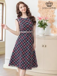 [送料無料][GINZA COUTURE]ネイビー・レッド・ベージュ・ツイード・フリンジ・パイピング・ノースリーブ・ハイウエスト・Aライン・ミディアムドレス・ワンピース[即日発送][大きいサイズあり]