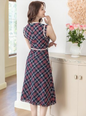 画像3: [送料無料][GINZA COUTURE]ネイビー・レッド・ベージュ・ツイード・フリンジ・パイピング・ノースリーブ・ハイウエスト・Aライン・ミディアムドレス・ワンピース[即日発送][大きいサイズあり]