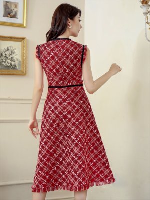 画像9: [送料無料][GINZA COUTURE]ネイビー・レッド・ベージュ・ツイード・フリンジ・パイピング・ノースリーブ・ハイウエスト・Aライン・ミディアムドレス・ワンピース[即日発送][大きいサイズあり]