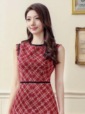 画像10: [送料無料][GINZA COUTURE]ネイビー・レッド・ベージュ・ツイード・フリンジ・パイピング・ノースリーブ・ハイウエスト・Aライン・ミディアムドレス・ワンピース[即日発送][大きいサイズあり]