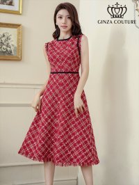 [送料無料][GINZA COUTURE]レッド・ベージュ・ネイビー・ツイード・フリンジ・パイピング・ノースリーブ・ハイウエスト・Aライン・ミディアムドレス・ワンピース[即日発送][大きいサイズあり]